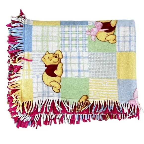 Disney Throw Blanket Winnie The Pooh Fringed 39" X 60" Pink Plaid Fleece - Picture 2 of 9